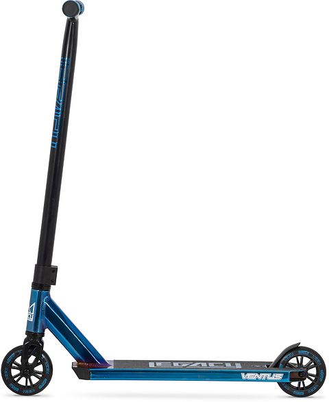 The Legacy Ventus Complete Stunt Scooter - Blu Ray Chrome by Legacy features a long black handlebar, two black wheels, and "VENTUS" on the deck—perfect for skatepark tricks.