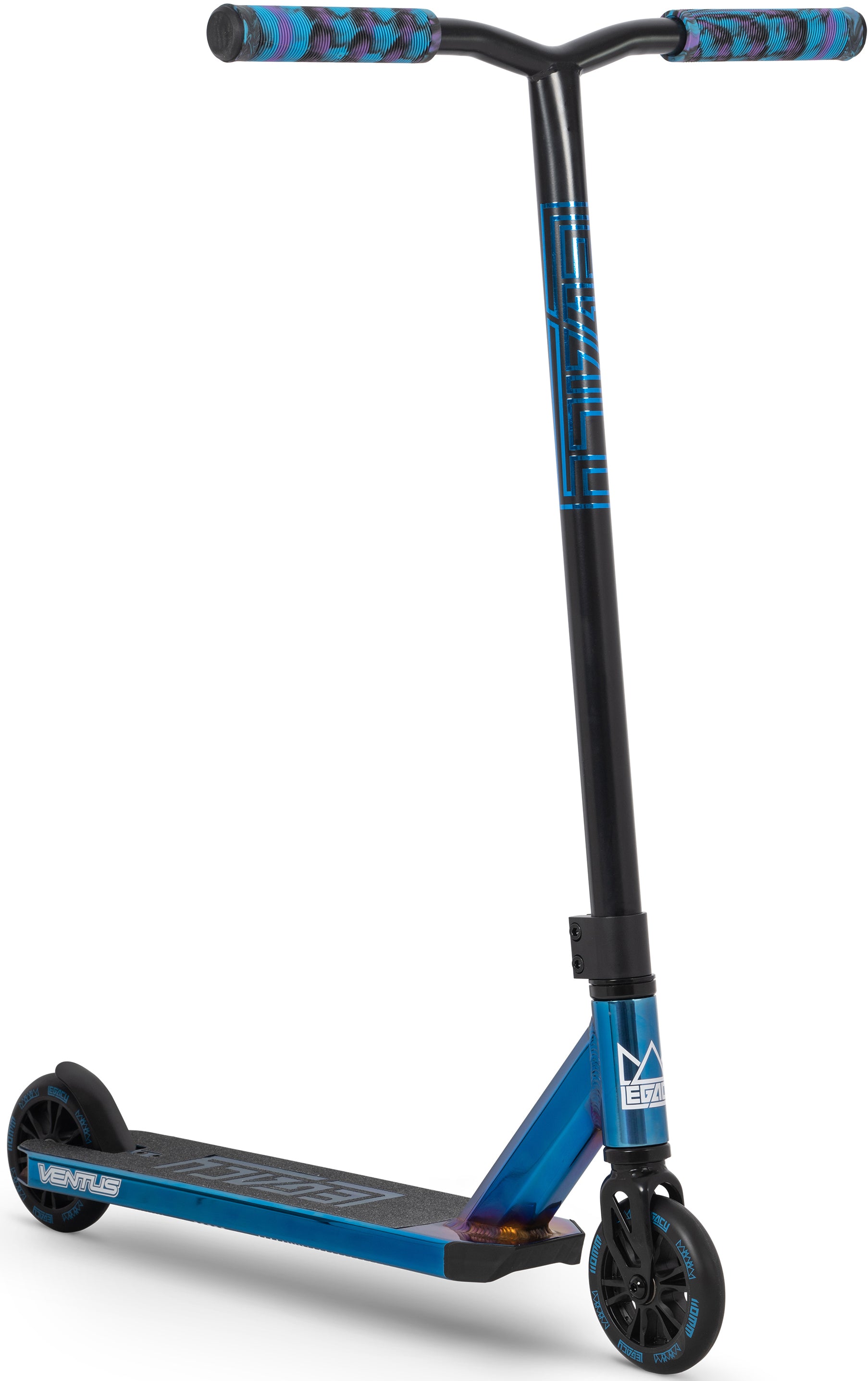 The Legacy Ventus Complete Stunt Scooter - Blu Ray Chrome by Legacy features black handlebars, multi-colored grips, and blue accents—perfect as your next skatepark scooter for landing tricks.