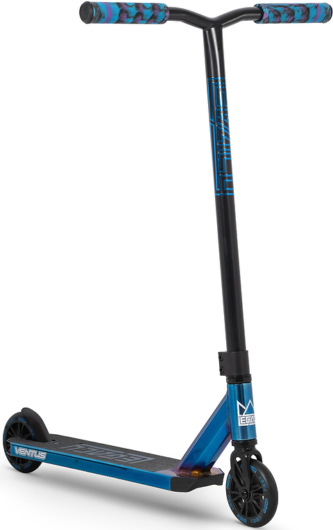 The Legacy Ventus Complete Stunt Scooter - Blu Ray Chrome by Legacy features black handlebars, multi-colored grips, and blue accents—perfect as your next skatepark scooter for landing tricks.