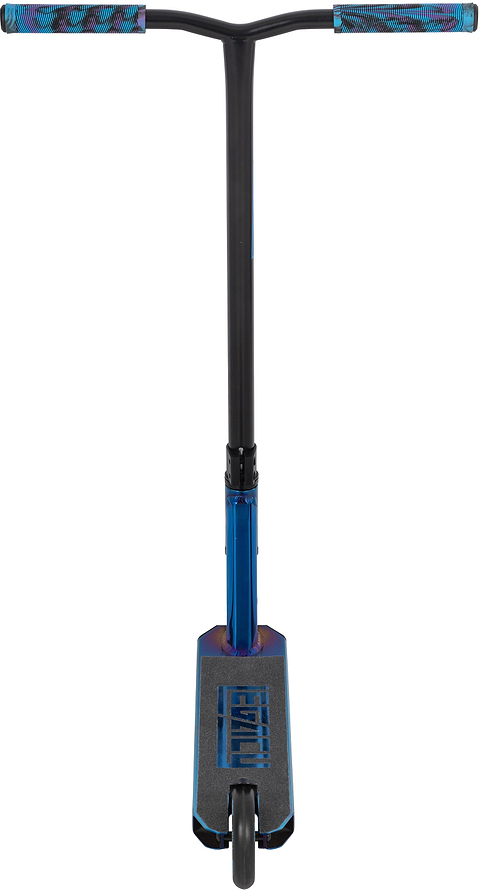 Front view of the Legacy Ventus Complete Stunt Scooter - Blu Ray Chrome by Legacy, featuring blue and black accents, textured handlebar grips, and a wide deck against a white background.