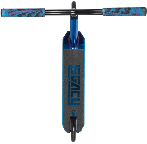 The Legacy Ventus Complete Stunt Scooter - Blu Ray Chrome features black handlebars, multicolored grips, and a deck with "LEGACY" cut out in the grip tape—ideal for skatepark stunts.