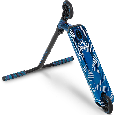 The Legacy Ventus Complete Stunt Scooter - Blu Ray Chrome by Legacy features a blue metallic finish with white geometric patterns, black handlebars with purple and blue grips, and black wheels—ideal for skatepark tricks.