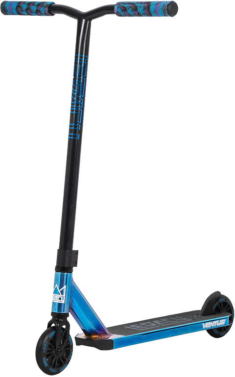 The Legacy Ventus Complete Stunt Scooter - Blu Ray Chrome features a black T-bar, blue grip tape, black wheels, "VENTUS" branding, and blue-purple swirl handle grips—ideal for skatepark tricks. From the Legacy brand.