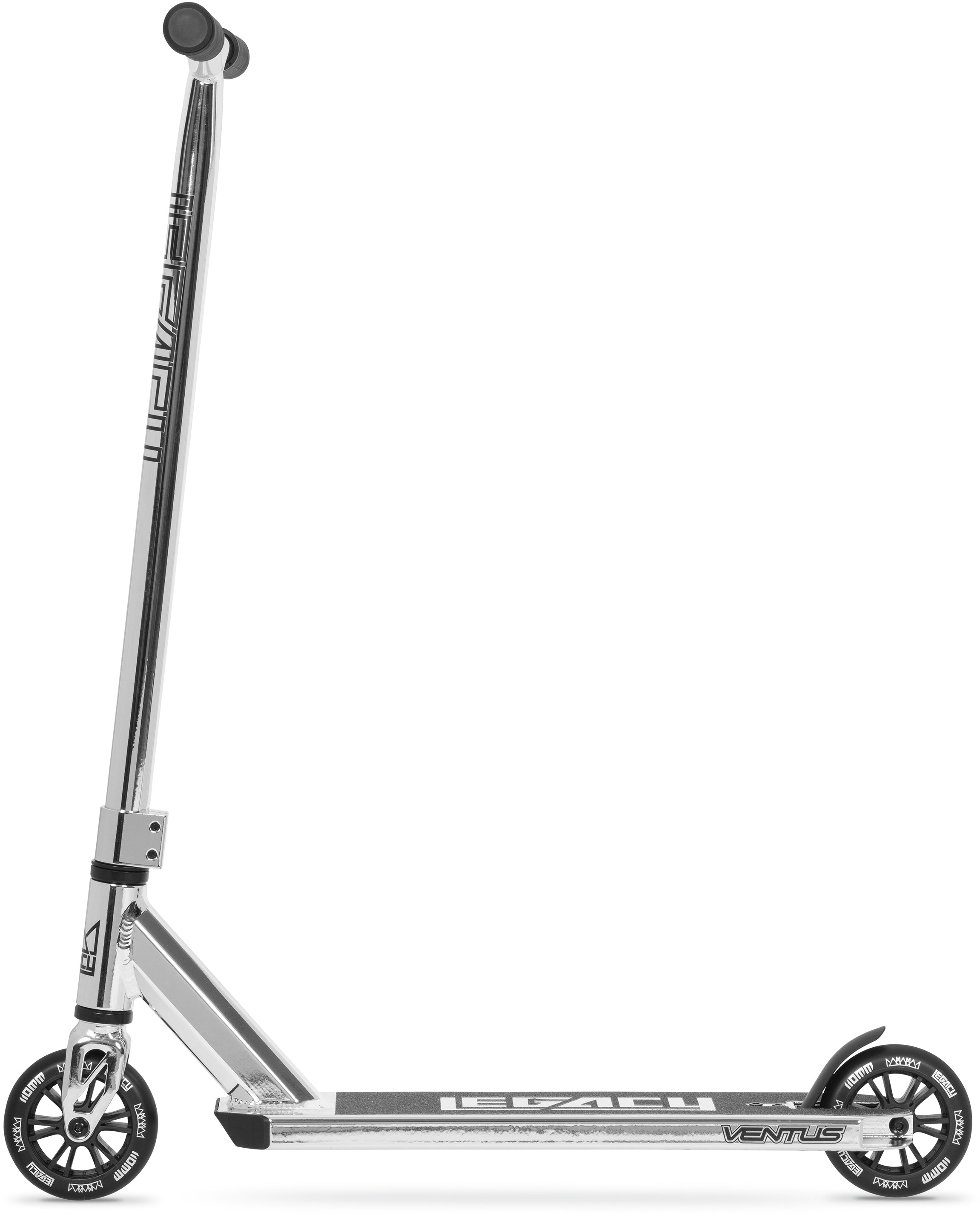 The Legacy Ventus Complete Stunt Scooter by Legacy features a chrome frame, black handlebars, two black and silver wheels, and a deck with the “Ventus” logo. The pro scooter is shown standing upright against a white background.