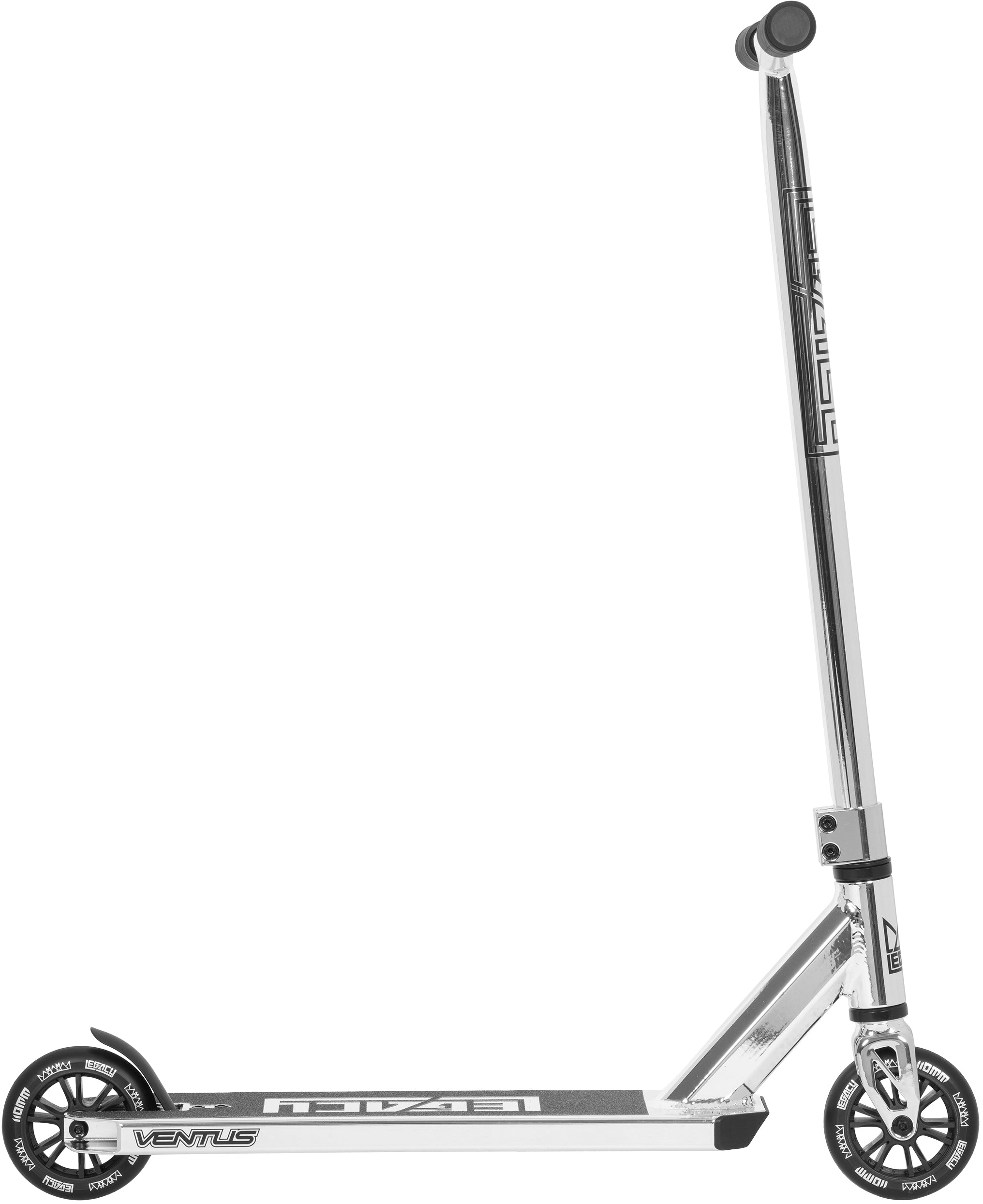 The Legacy Ventus Complete Stunt Scooter in Chrome and Black features large wheels, a long "VENTUS" deck, and tall handlebars with grips—ideal for tricks—shown on a white background.