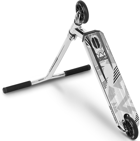 The Legacy Ventus Complete Stunt Scooter by Legacy, in chrome and black, features a patterned deck, black handgrips, and two black wheels. It is shown diagonally on a white background.