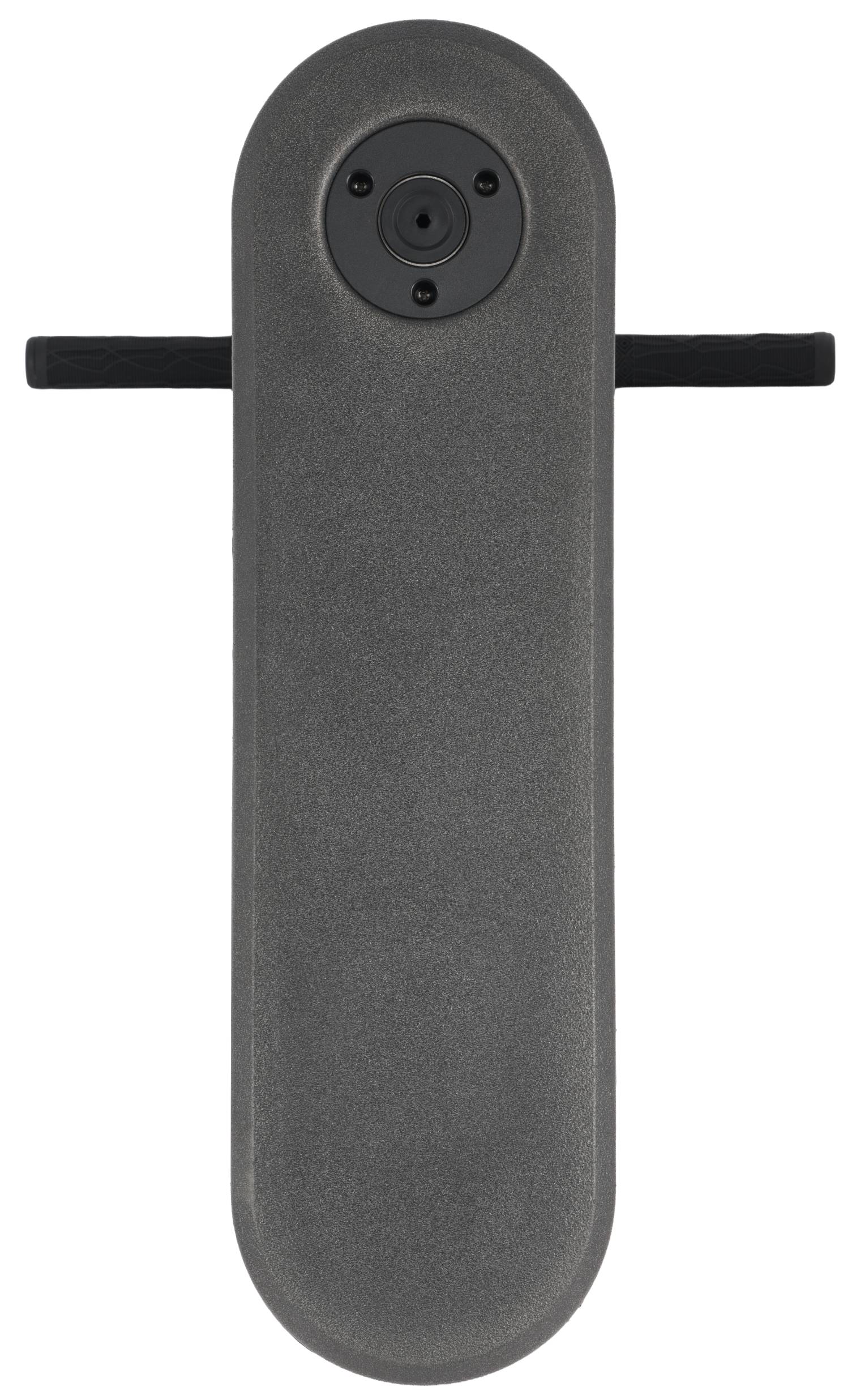 A sleek, gray, oval-shaped door handle featuring a round keyhole plate at the top and two horizontal black handles on either side—built for those who appreciate durability and control, just like the Legacy Rebound Indoor Trampoline Scooter in Electro Red by Legacy, expertly designed for trick training.
