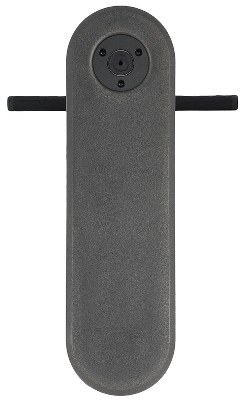 A sleek, gray, oval-shaped door handle featuring a round keyhole plate at the top and two horizontal black handles on either side—built for those who appreciate durability and control, just like the Legacy Rebound Indoor Trampoline Scooter in Electro Red by Legacy, expertly designed for trick training.