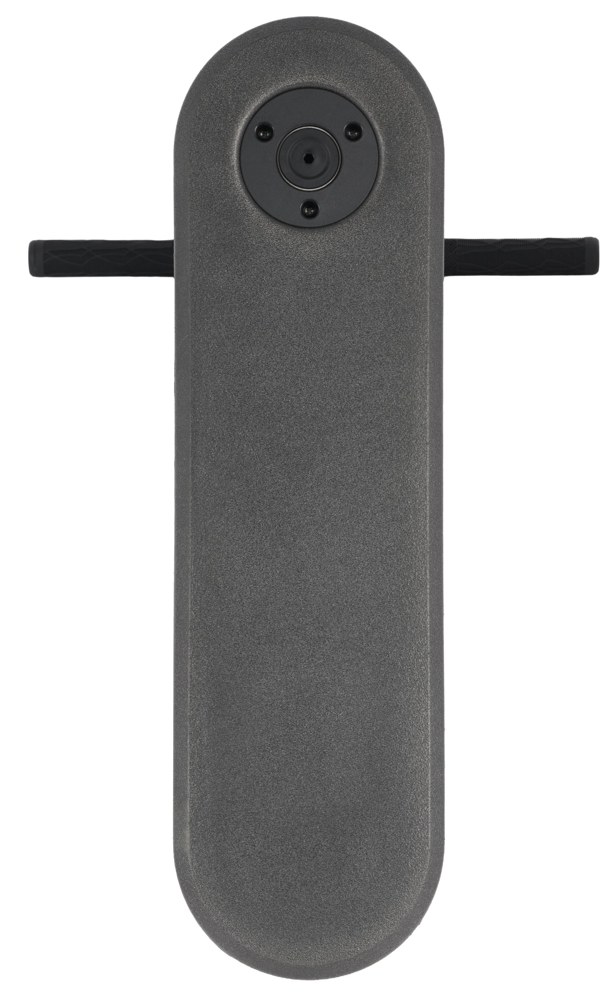 A Legacy Rebound Indoor Trampoline Scooter by Legacy, shown in sleek Electro Black and viewed from above, displays a central platform with two footrests extending horizontally from each side—featuring a design inspired by the brand’s innovative approach to personal mobility.