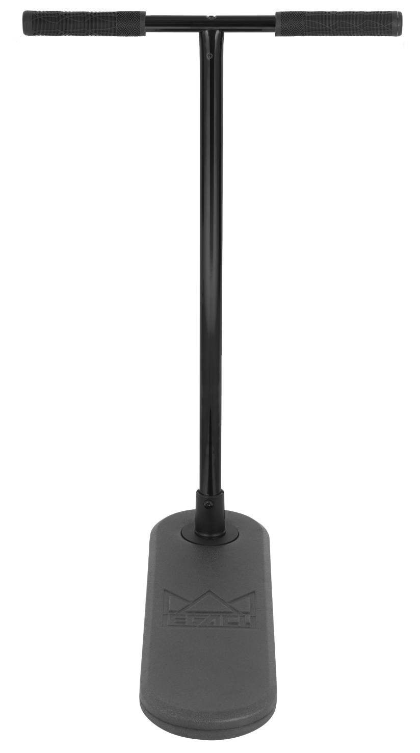 A Legacy Rebound Indoor Trampoline Scooter - Electro Black by Legacy, featuring an electro black handlebar mounted on a gray rectangular board and designed without wheels, is photographed against a white background.