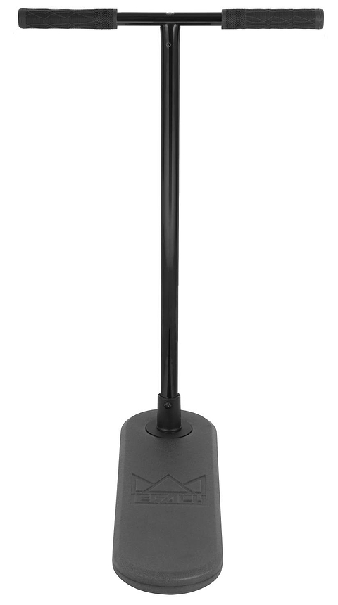 A Legacy Rebound Indoor Trampoline Scooter - Electro Black by Legacy, featuring an electro black handlebar mounted on a gray rectangular board and designed without wheels, is photographed against a white background.