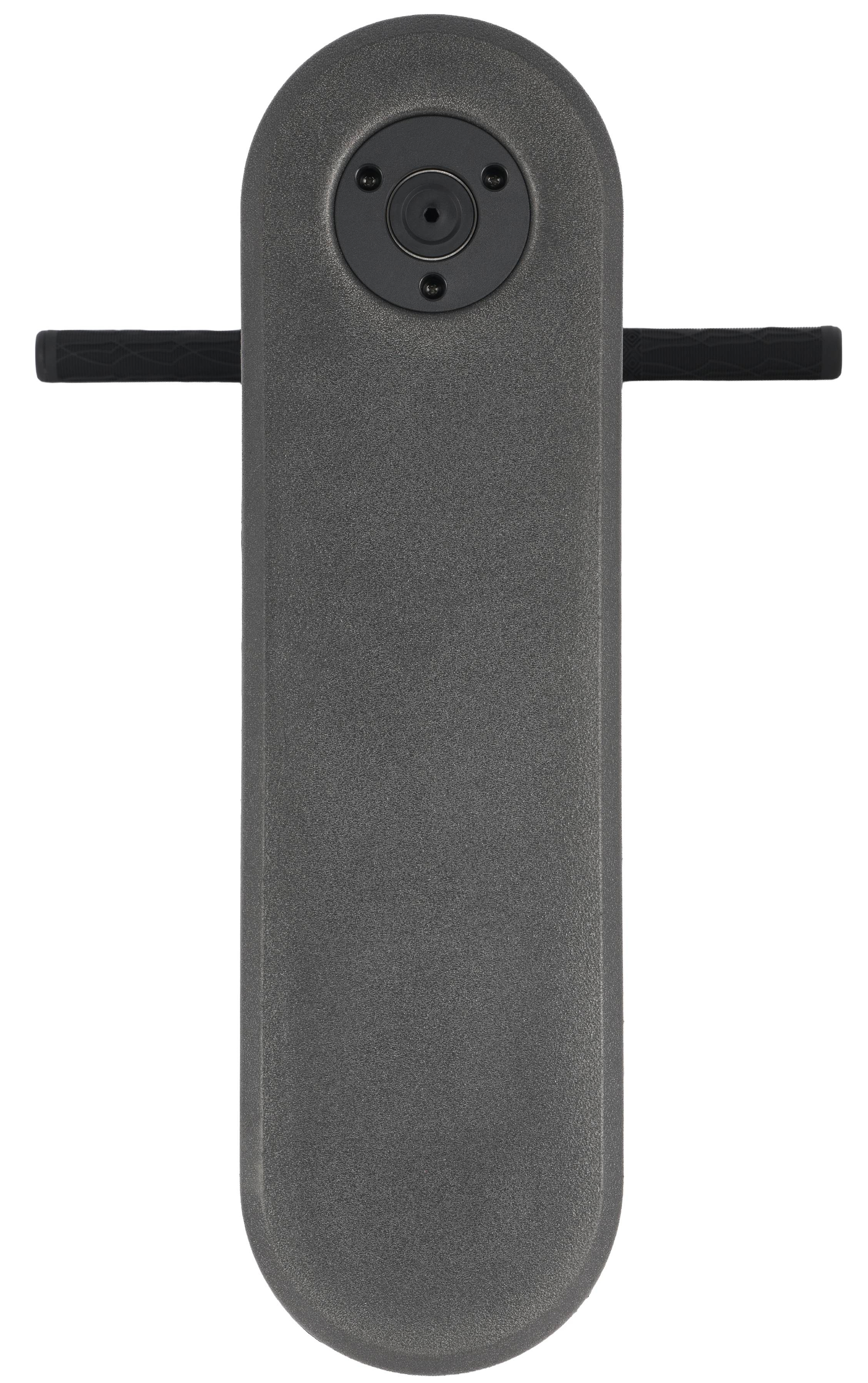 A modern, oval-shaped Legacy Rebound Indoor Trampoline Scooter by Legacy, finished in striking black with sleek Electro Gold accents, features a central circular detail and two horizontal handlebars extending from either side—blending contemporary style into a legacy-inspired design.