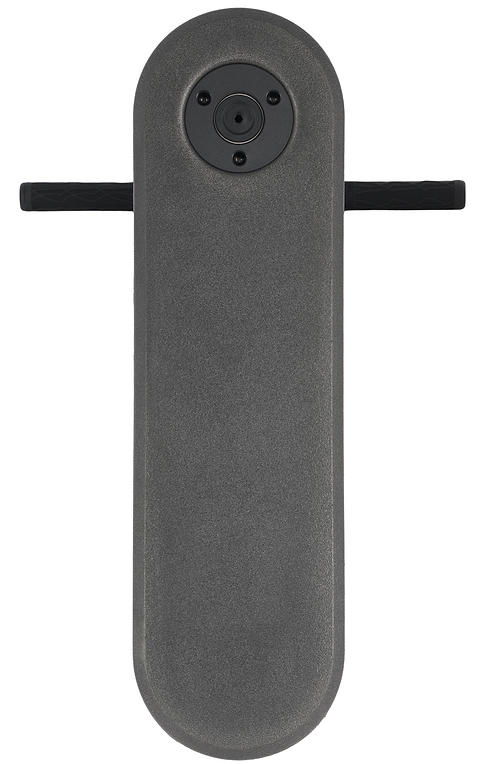 A modern, oval-shaped Legacy Rebound Indoor Trampoline Scooter by Legacy, finished in striking black with sleek Electro Gold accents, features a central circular detail and two horizontal handlebars extending from either side—blending contemporary style into a legacy-inspired design.