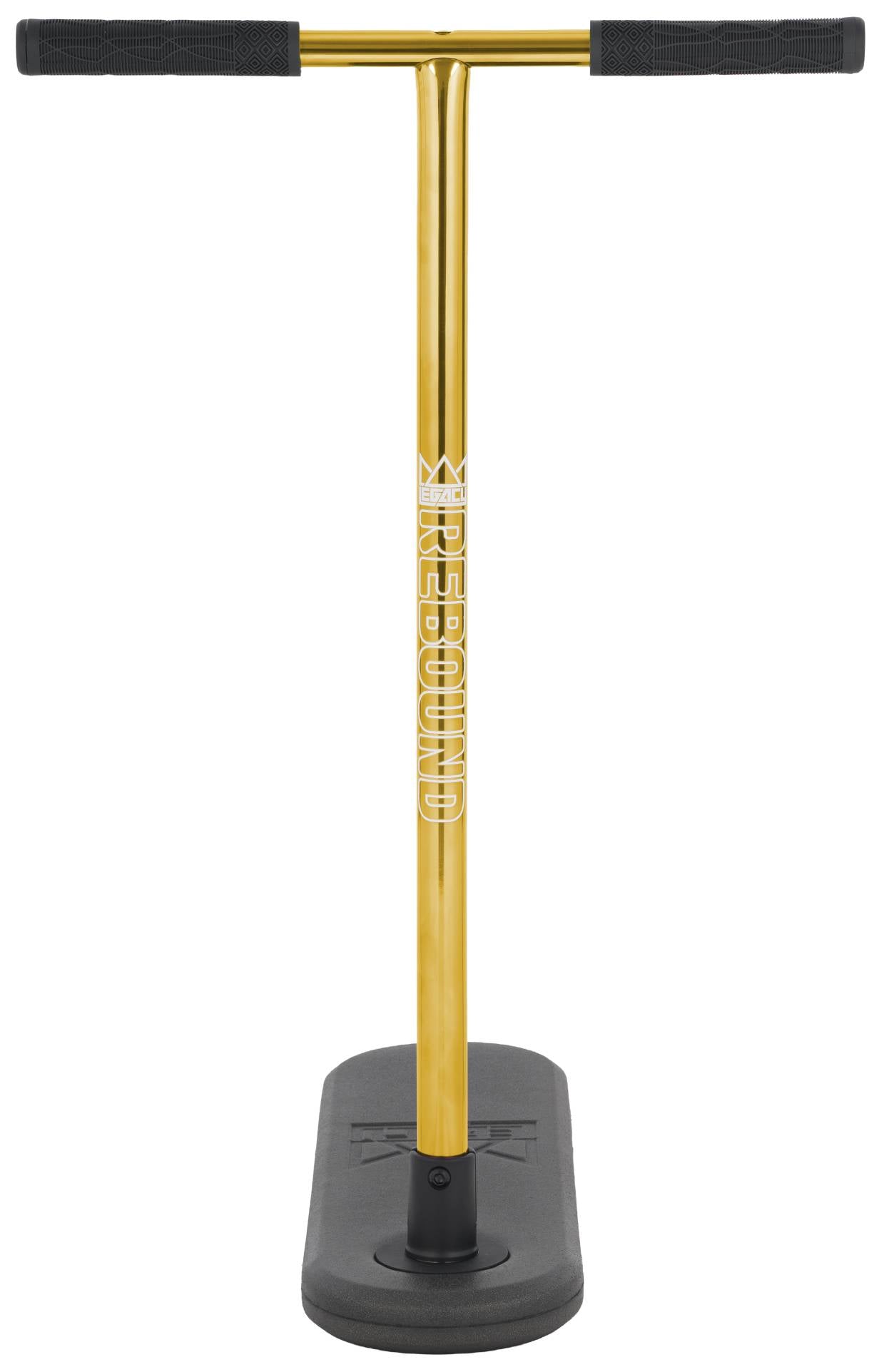 The Legacy Rebound Indoor Trampoline Scooter by Legacy in Electro Gold features black handles, a rectangular black base, and the word “KINEBOARD” displayed vertically on the stem, delivering an enhanced workout experience.