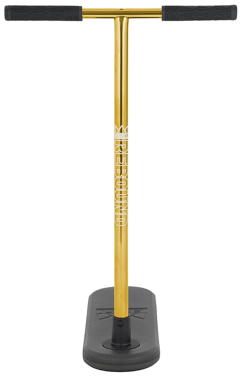 The Legacy Rebound Indoor Trampoline Scooter by Legacy in Electro Gold features black handles, a rectangular black base, and the word “KINEBOARD” displayed vertically on the stem, delivering an enhanced workout experience.