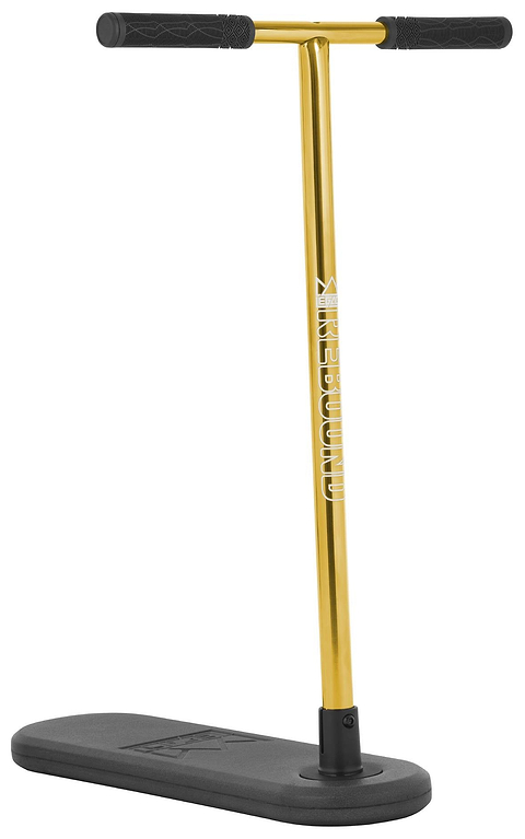 Introducing the Legacy Rebound Indoor Trampoline Scooter - Electro Gold by Legacy: featuring a vibrant yellow T-shaped handlebar with black grips, mounted on a sleek black oval base. This unique scooter is reminiscent of a pogo stick or balance trainer—just without wheels or springs, offering an exciting new way to bounce and balance indoors.