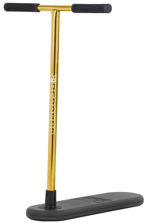 A Legacy Rebound Indoor Trampoline Scooter by Legacy, shown in Electro Gold with black handlebars and a black rectangular base, stands upright on a white background. Designed without wheels, it is ideal for indoor use.