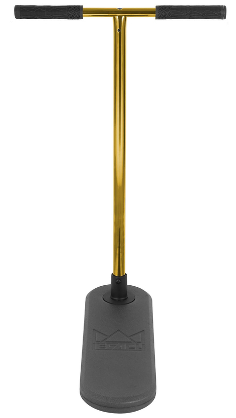 The Legacy Rebound Indoor Trampoline Scooter by Legacy, shown against a white background, features an Electro Gold handle with a black grip and a wide, flat black base reminiscent of a trampoline scooter.