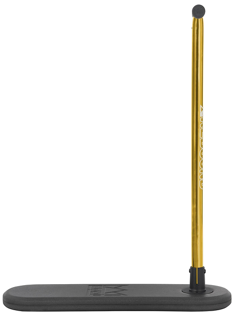 A black rectangular base with a tall, Electro Gold vertical pole is attached at one end. The pole features a rounded black cap on top and displays the word “GLIDESCOPE” vertically along its side, reflecting the sleek design of Legacy’s Legacy Rebound Indoor Trampoline Scooter – Electro Gold.