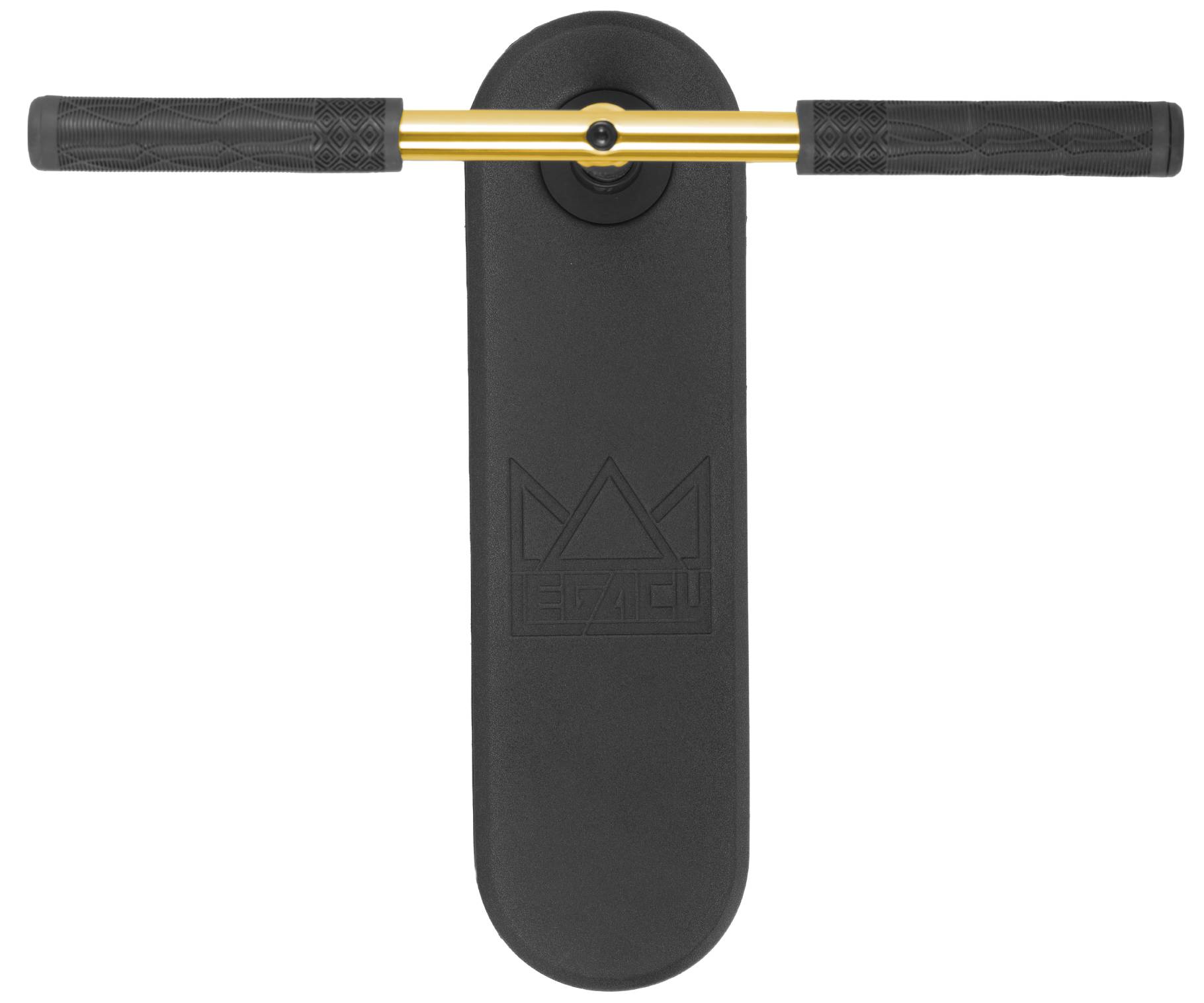 A top-down view of the Legacy Rebound Indoor Trampoline Scooter by Legacy reveals its black balance board, accented with a gold handlebar and black rubber grips. The board is adorned with an embossed geometric crown logo at the center, while its stylish Electro Gold finish evokes the sophistication of the Legacy Rebound collection.