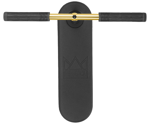 A top-down view of the Legacy Rebound Indoor Trampoline Scooter by Legacy reveals its black balance board, accented with a gold handlebar and black rubber grips. The board is adorned with an embossed geometric crown logo at the center, while its stylish Electro Gold finish evokes the sophistication of the Legacy Rebound collection.