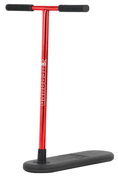 The Legacy Rebound Indoor Trampoline Scooter - Electro Red by Legacy features a vibrant red balance trainer equipped with a T-shaped handlebar and black grips, securely attached to a sturdy black rectangular base. Specially designed for trick training and practicing scooter tricks indoors, it’s the perfect trampoline scooter for honing your Legacy Rebound skills.