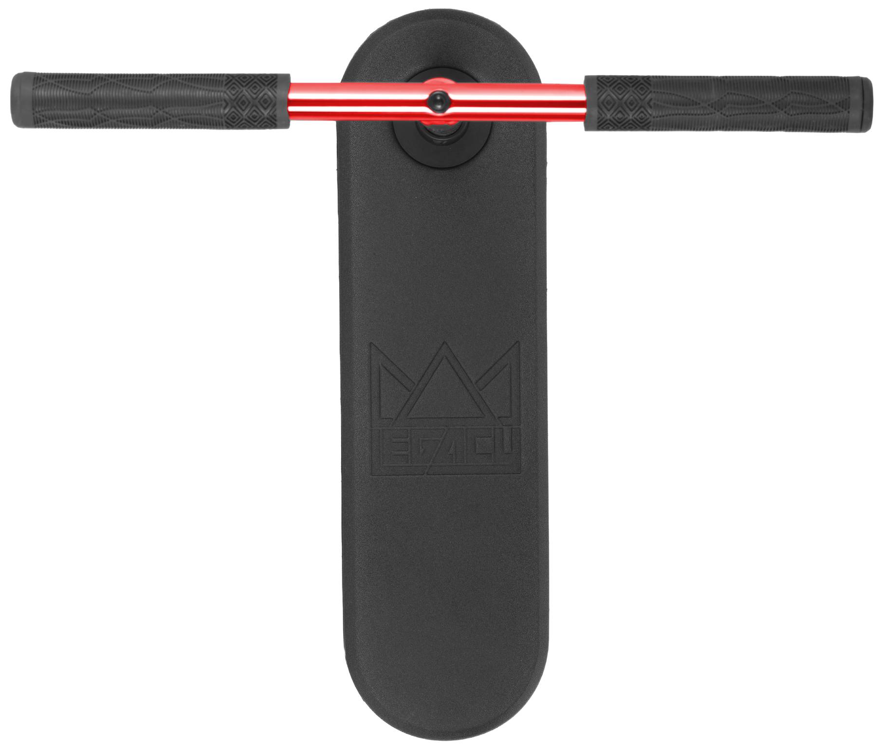 A top-down view of the Legacy Rebound Indoor Trampoline Scooter - Electro Red by Legacy shows a black balance board with a red metal handlebar and rubber grips. Designed for trick training, it features a geometric logo and an oval-shaped, smooth surface inspired by Legacy Rebound trampoline scooter designs.