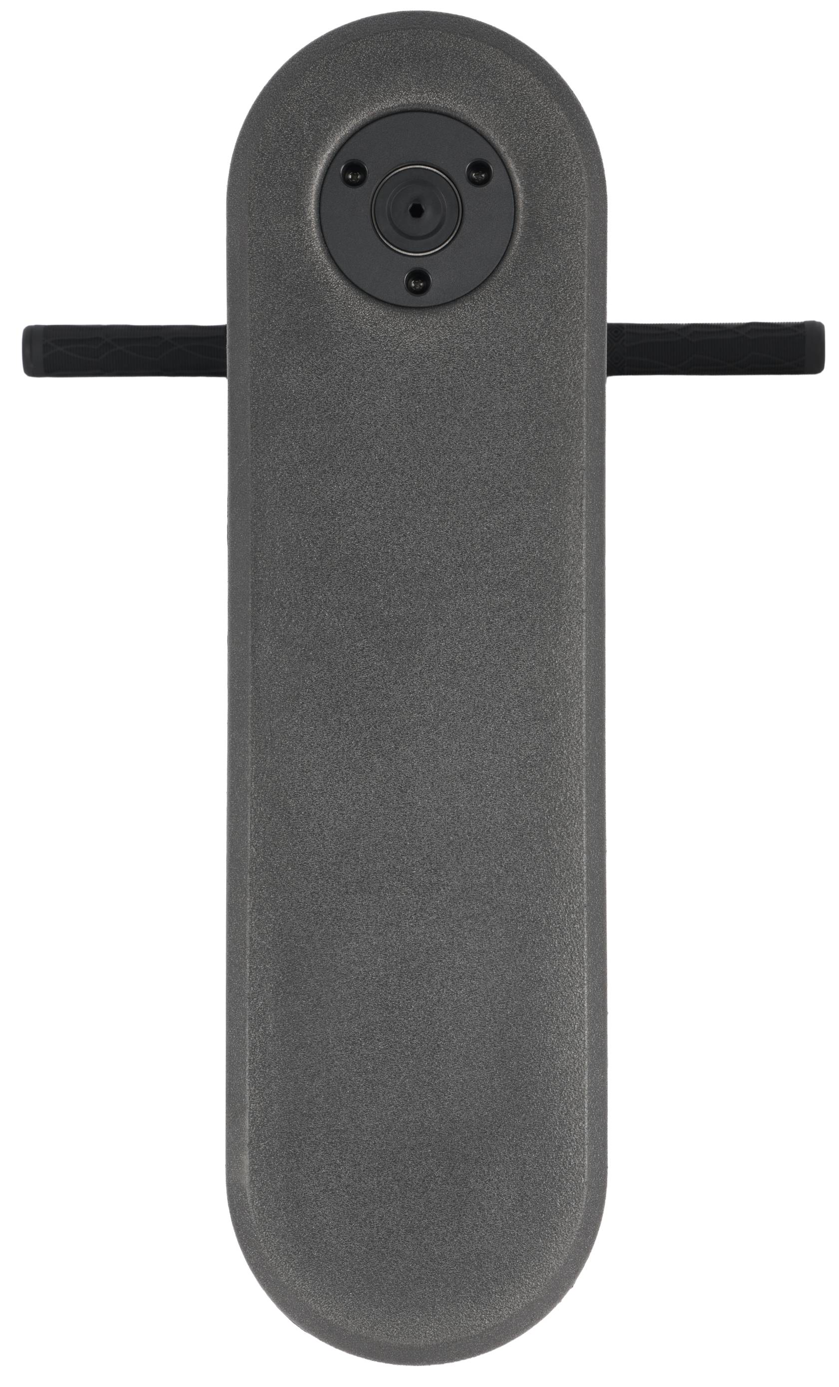 A top view of the Legacy Rebound Indoor Trampoline Scooter - Blueray by Legacy, featuring a gray, oval-shaped electronic device with a central circular camera or sensor and two horizontal black handles extending from the sides, showcasing its innovative design for practicing tricks with enhanced stability and control.