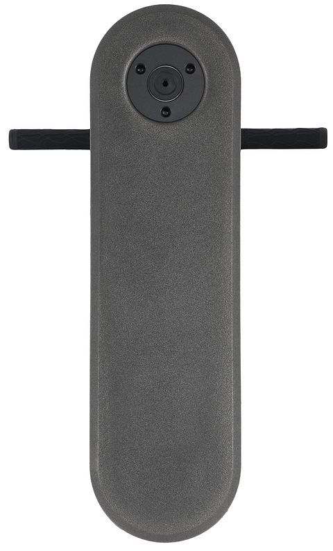 A top view of the Legacy Rebound Indoor Trampoline Scooter - Blueray by Legacy, featuring a gray, oval-shaped electronic device with a central circular camera or sensor and two horizontal black handles extending from the sides, showcasing its innovative design for practicing tricks with enhanced stability and control.