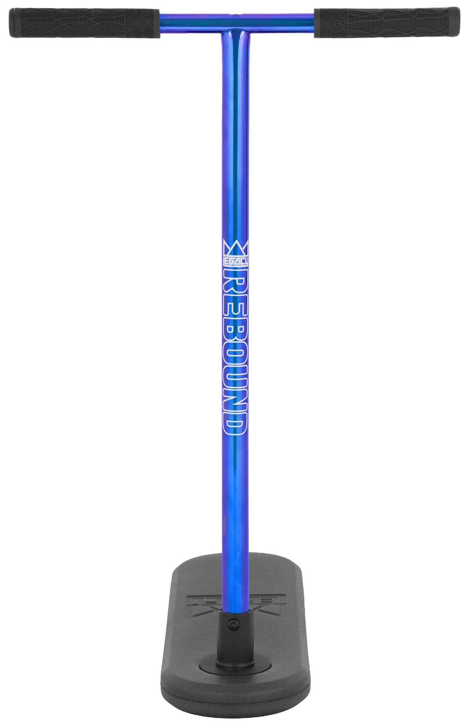 The Legacy Rebound Indoor Trampoline Scooter - Blueray features a blue design with black handles and a black base, showcasing the word “REBOUND” vertically on the main shaft—ideal for aspiring riders looking to practise tricks and experience authentic Legacy performance.
