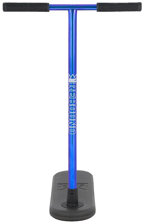 The Legacy Rebound Indoor Trampoline Scooter - Blueray features a blue design with black handles and a black base, showcasing the word “REBOUND” vertically on the main shaft—ideal for aspiring riders looking to practise tricks and experience authentic Legacy performance.