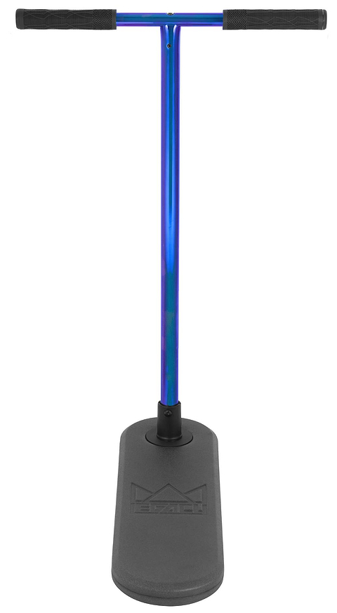 The Legacy Rebound Indoor Trampoline Scooter - Blueray by Legacy is shown upright against a white background, featuring a blue handle with black rubber grips and a wide black rectangular base—perfect for practicing tricks and improving your skills.