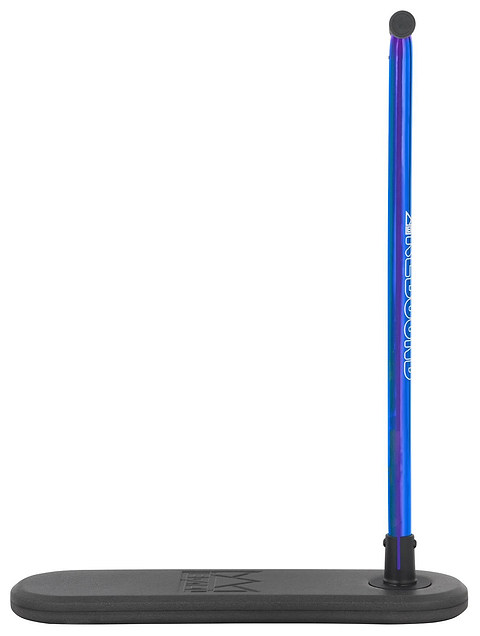 The Legacy Rebound Indoor Trampoline Scooter - Blueray by Legacy features a blue vertical metal pole with a black rubber stopper on top, attached to a black rectangular base. Shown against a white background, it’s perfect for trampoline scooter enthusiasts seeking to safely practise tricks indoors.