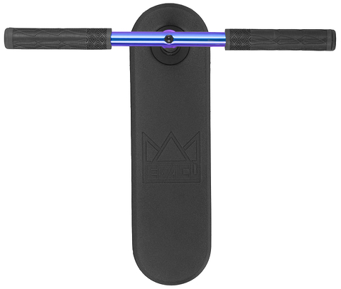 The Legacy Rebound Indoor Trampoline Scooter - Blueray by Legacy features a black rectangular balance board with a blue and purple bar attached at the top, textured black hand grips, and a crown-shaped logo at the center—ideal for practising tricks or training for trampoline scooter skills as part of your Legacy Rebound routine.