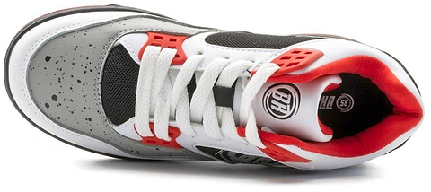 A top view of Breezy Rollers Jumper Shoes by Breezy Rollers in white, grey, and red, featuring white laces, a speckled grey toe, black mesh panels, red accents, and a patented hidden wheel system in the white and red lining.