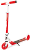 The Madd Gear (MGP) Metro Rush 125 Kids Foldable Scooter in White/Red features two large wheels, a black grip deck, adjustable red handlebars, and a kickstand. Shown on a white background.