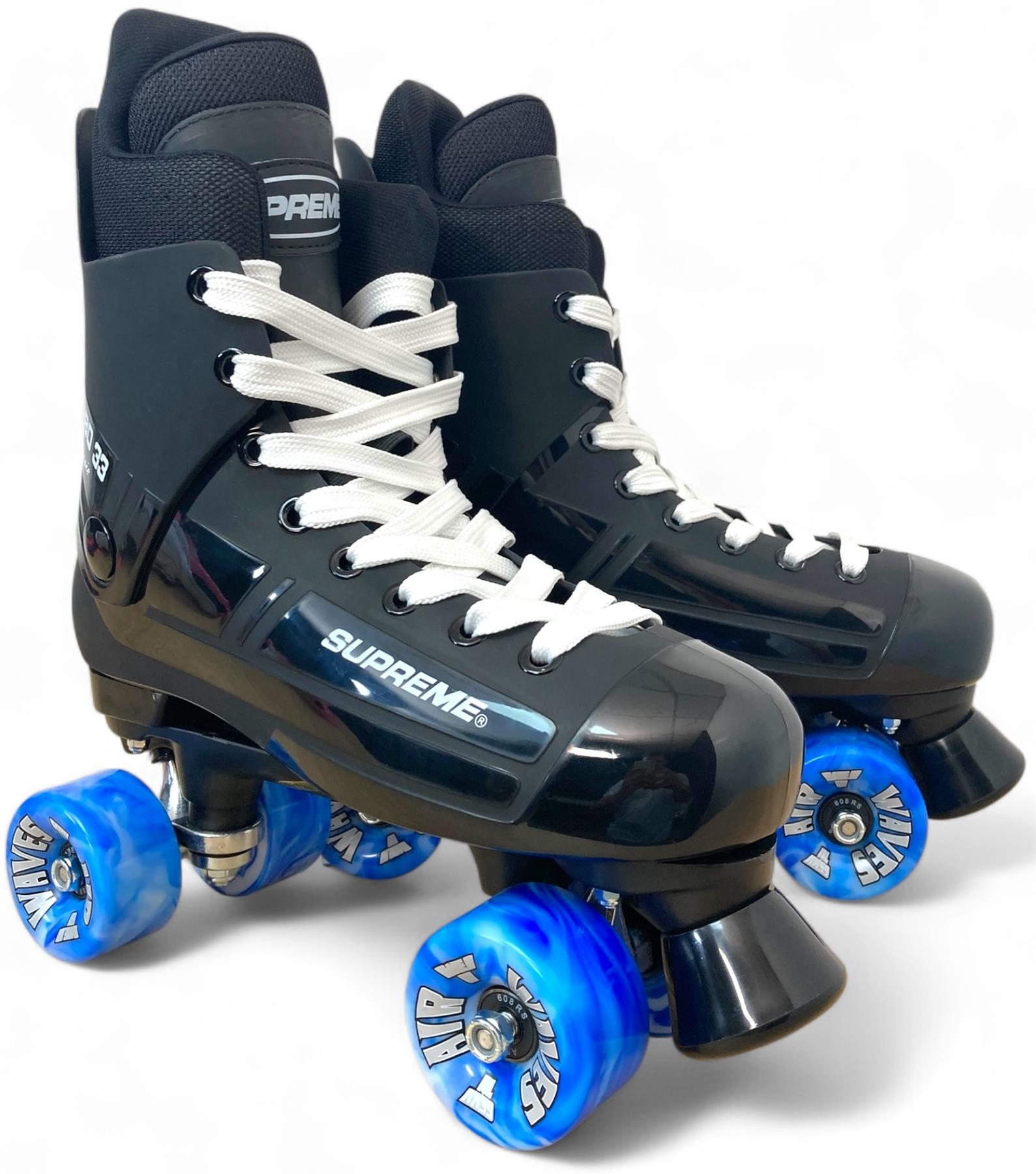 A pair of black Supreme Turbo 33 Nylon Quad Roller Skates with white laces and blue swirl wheels, featuring the "Supreme" brand name on the side.