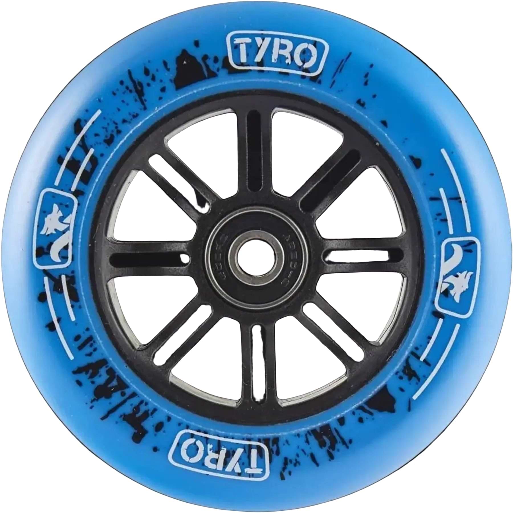 A close-up of the Longway Tyro 110mm Nylon Core Scooter Wheel in blue, featuring black splatter designs, white "TYRO" branding, black center spokes, and a durable nylon core from Longway.