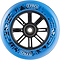 A close-up of the Longway Tyro 110mm Nylon Core Scooter Wheel in blue, featuring black splatter designs, white "TYRO" branding, black center spokes, and a durable nylon core from Longway.