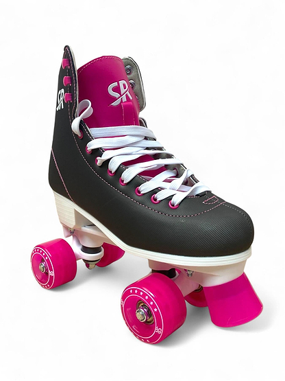 The Supreme Malibu Quad Roller Skates – Black / Pink by Supreme feature black and pink design, white laces, pink wheels, and a white sole—ideal for outdoor fun, shown on a plain white background.