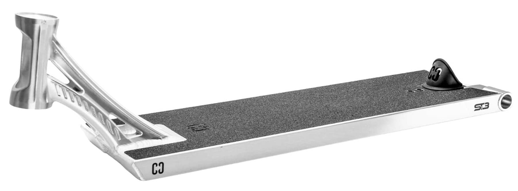 The CORE ST3 Forged Polished Street Stunt Scooter Deck (6.5" x 22.5") by CORE features a textured grip surface, angled headtube, and integrated rear brake, shown here on a white background.