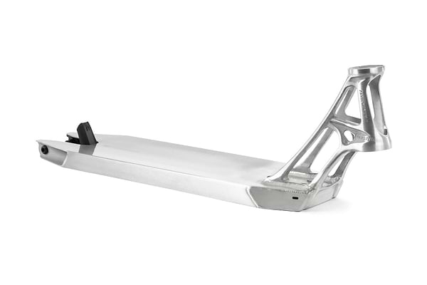The Ethic DTC Pandemonium V2 Raw Stunt Scooter Deck is a raw scooter deck with a sleek, angular design. Made from 6061-T6 aluminum, it features a shiny metallic finish with an integrated wheel mount and a reinforced, stylized neck for attaching handlebars.