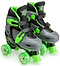 The Xootz LED Adjustable Quad Roller Skates - Green feature gray and black styling with bright green wheels and straps—ideal beginner skates for kids, shown here against a white background.