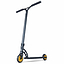 A Madd Gear (MGP) VX Origin III 500 stunt scooter in Diamond Black Metallic stands upright against a white background, showcasing its T-shaped aluminum handlebar and vibrant yellow wheels.