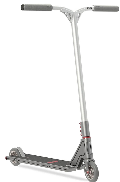 The Aztek Fountain Complete Stunt Scooter - Grey by Aztek features black handlebar grips, a black foot deck, red accents, and two small wheels—ideal for skateparks—displayed against a white background.