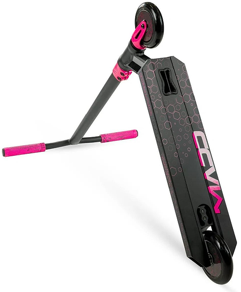 The Madd Gear Viral Rave Complete Stunt Scooter - Melon is shown angled on its side, featuring pink handlebar grips, fork accents, and a geometric pink design on the deck.
