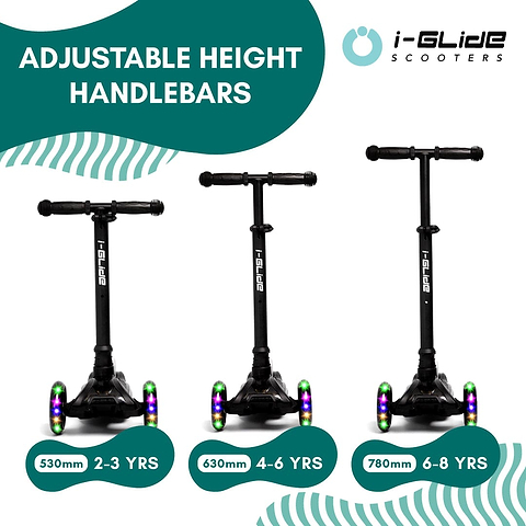 Picture of three I-Glide 3-Wheel LED Kids Scooters, featuring adjustable handlebars for age groups 2-3, 4-6, and 6-8 years. These vibrant scooters feature LED wheels against a white background with teal design elements.