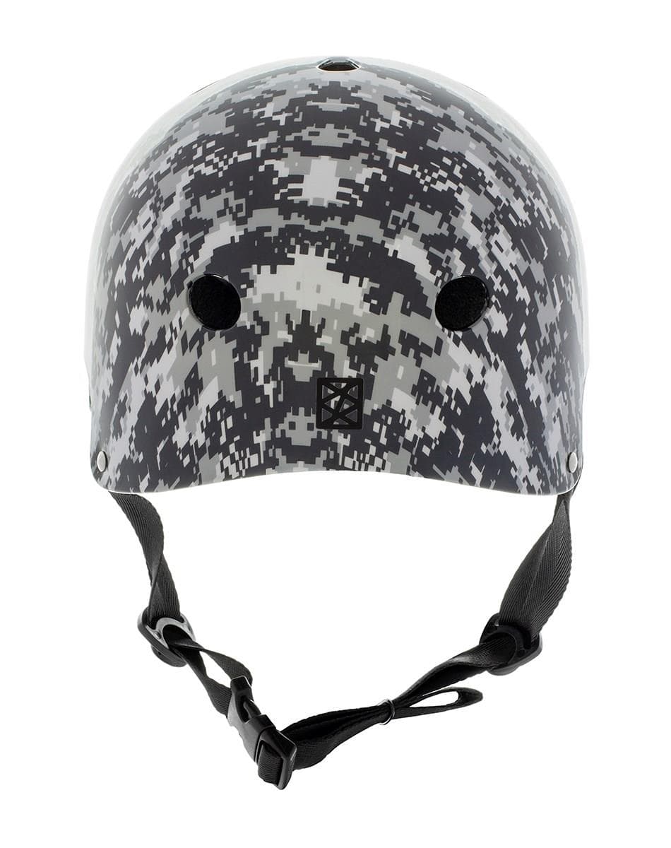 The Slamm Logo Skate / Scooter Helmet - Grey Camo is depicted from the front, showcasing a digital camouflage design with black adjustable chin straps. Compliant with EN1078 safety standards, this helmet with pixelated squares in black, gray, and white shades is ideal for scooter riders who prioritize both style and safety.