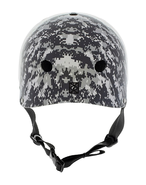The Slamm Logo Skate / Scooter Helmet - Grey Camo is depicted from the front, showcasing a digital camouflage design with black adjustable chin straps. Compliant with EN1078 safety standards, this helmet with pixelated squares in black, gray, and white shades is ideal for scooter riders who prioritize both style and safety.