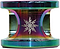 A neochrome oil slick yo-yo with a symmetrical star-like engraving in the center featuring stylized text, similar to those on JP's high-end Ninja Pro Scooters. The yo-yo boasts a shiny, reflective finish that displays a spectrum of colors including green, blue, and purple.